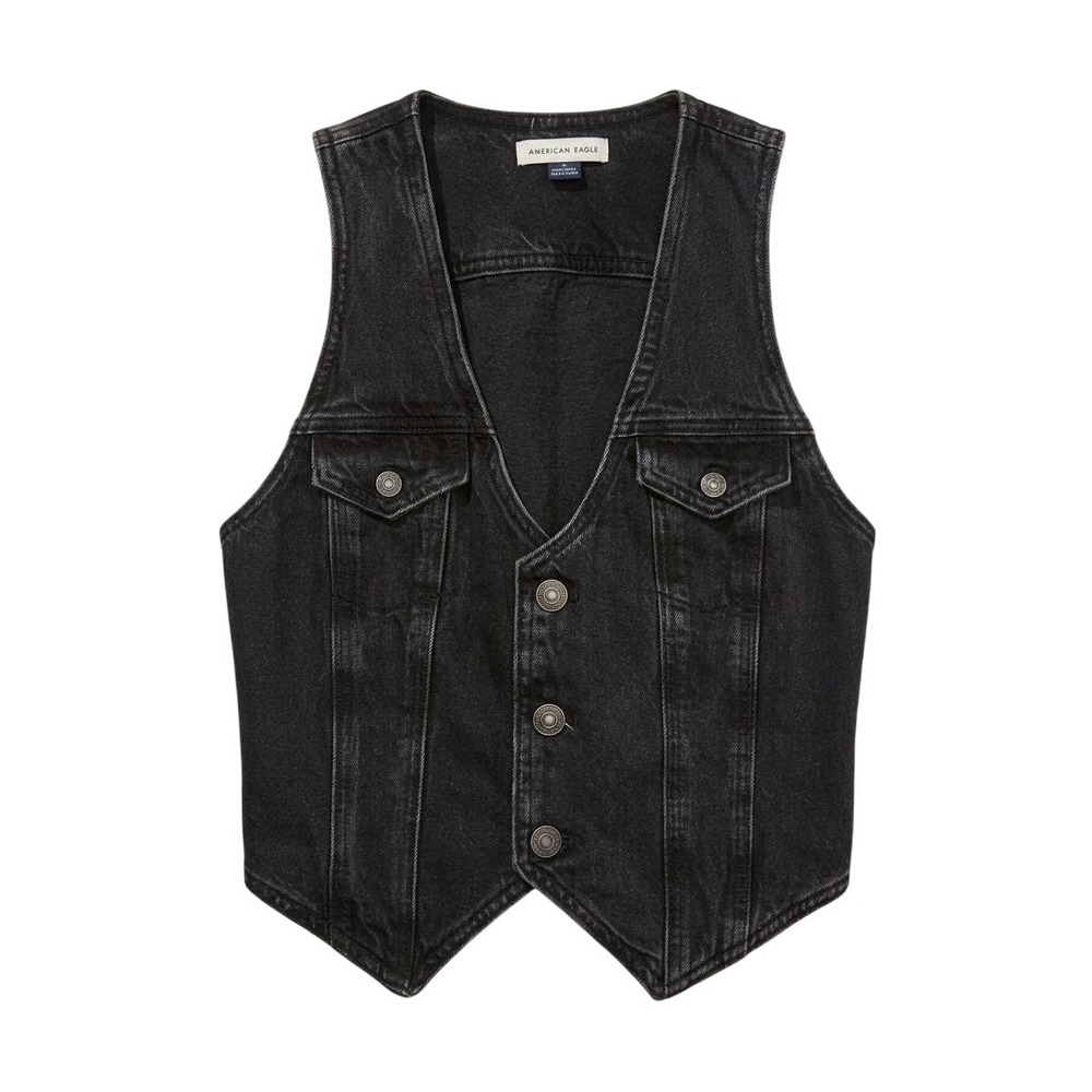 American Eagle Denim Vest Women XS Black Washed Button Up Cinch Back 73784526